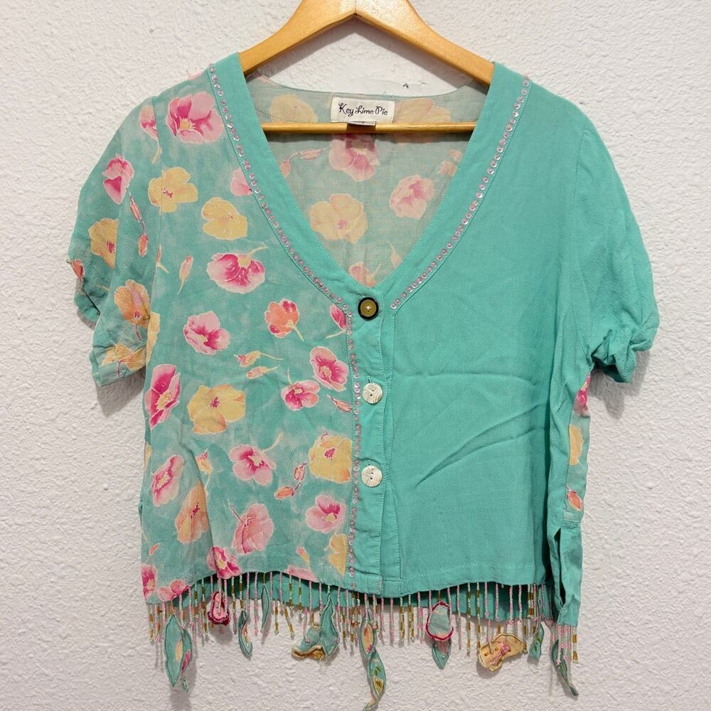 Vintage Floral Fringe Blouse Funky Boho Cottage Y2K Beaded